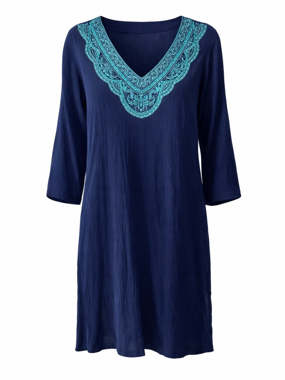 Lands’ End Navy Embroidered Tunic Dress Boho Coastal Cotton Coverup XL